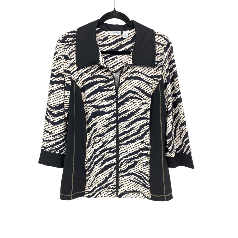 Zenergy By Chicos Zip Front Jacket Womens 2 US L Zebra Stripe Print Black White